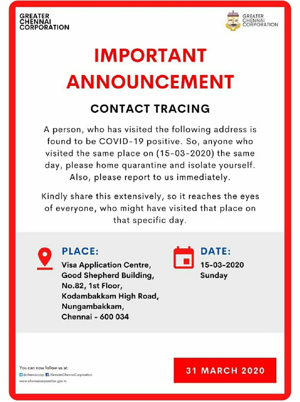கொரோனா பற்றிய சென்னை மாநகராட்சியின் முக்கிய அறிவிப்பு 1 greater che.corp. notice.eng