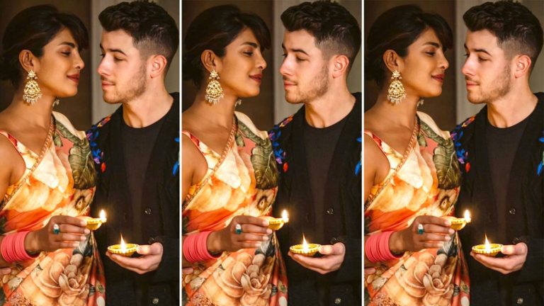 Priyanka Chopra in orange floral Sabyasachi sari Nick Jonas 1366x768 1