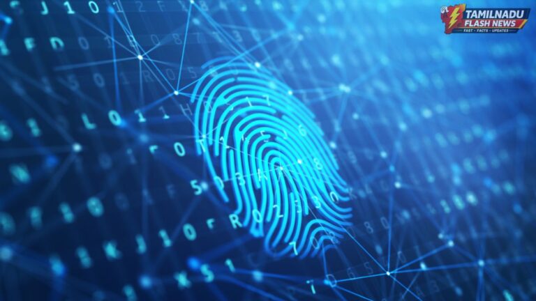 Close-up of a person holding a smartphone showing biometric fingerprint authentication icon on screen.