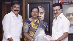 DMDK General Secretary Premalatha Vijayakanth meeting DMK President and CM MK Stalin at Anna Arivalayam.