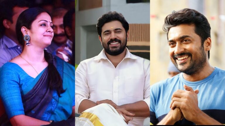 Actors Suriya, Jyotika, and Nivin Pauly featured in a professional layout representing South Indian cinema collaboration and mutual respect.