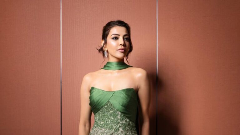 South Indian actress Kajal Aggarwal posing for an official professional portfolio photoshoot in 2026.