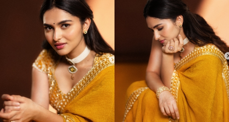 மஞ்சள் காட்டு மைனாவாக ஜொலிக்கும் காயடு லோகர்: வைரலாகும் லேட்டஸ்ட் புகைப்படத் தொகுப்பு 2 South Indian actress Kayadu Lohar in a beautiful yellow ethnic outfit posing for a photoshoot.