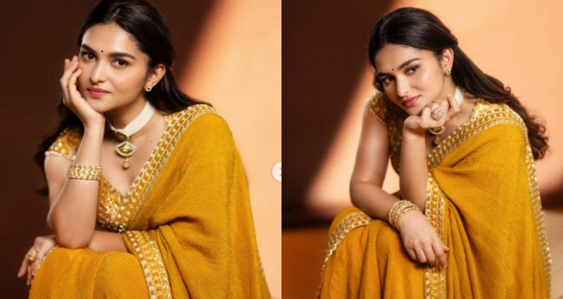 மஞ்சள் காட்டு மைனாவாக ஜொலிக்கும் காயடு லோகர்: வைரலாகும் லேட்டஸ்ட் புகைப்படத் தொகுப்பு 3 South Indian actress Kayadu Lohar in a beautiful yellow ethnic outfit posing for a photoshoot.