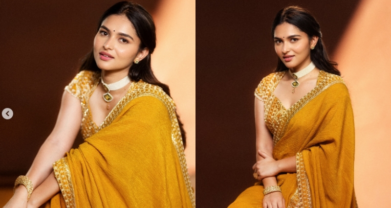 மஞ்சள் காட்டு மைனாவாக ஜொலிக்கும் காயடு லோகர்: வைரலாகும் லேட்டஸ்ட் புகைப்படத் தொகுப்பு 4 South Indian actress Kayadu Lohar in a beautiful yellow ethnic outfit posing for a photoshoot.