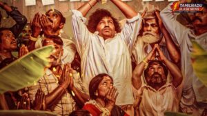 Yogi Babu and villagers praying for water in Kenatha Kanom movie first look poster.