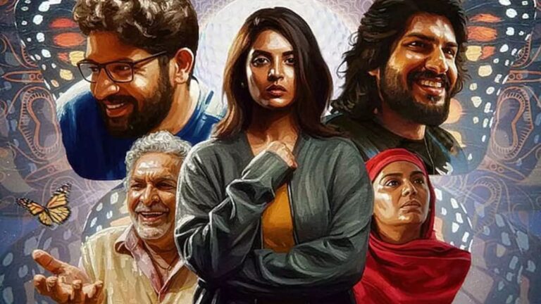 Official movie poster of the Tamil film Oh Butterfly starring Nivedhithaa Sathish and Nassar, announcing the March 6 release date.