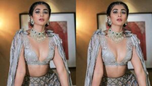 South Indian actress Pooja Hegde posing in a traditional silk saree for a recent professional photoshoot.