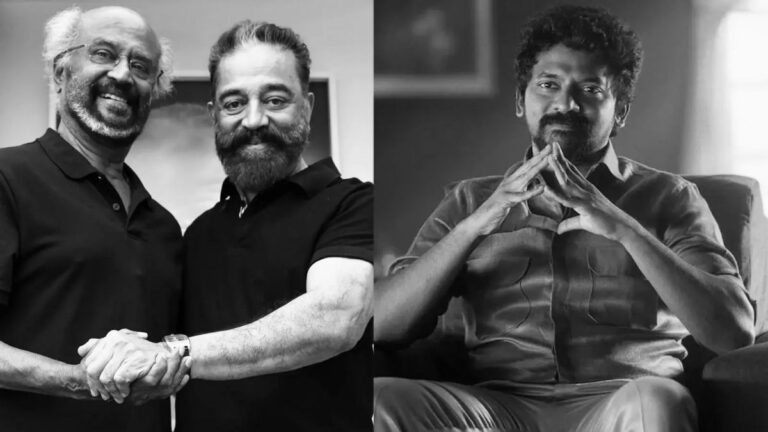 Actors Rajinikanth and Kamal Haasan appearing together at an official press event, marking their onscreen reunion after 47 years.