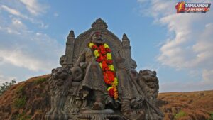 Statue of Chhatrapati Shivaji Maharaj decorated with flowers during Jayanti celebrations in Maharashtra.