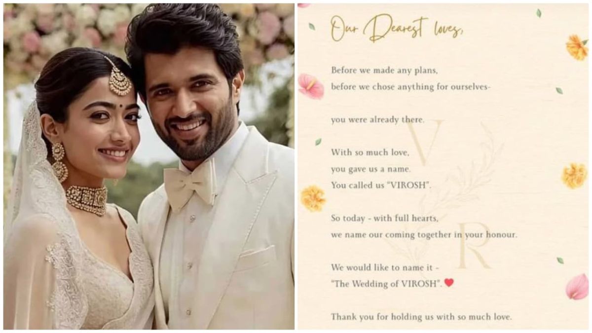 Official portraits of Vijay Deverakonda and Rashmika Mandanna confirming their wedding as The Wedding of VIROSH.