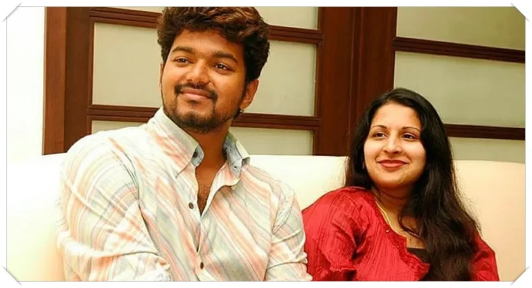 Archival image of actor-politician Vijay and his wife Sangeetha Sornalingam during a public event in Chennai.