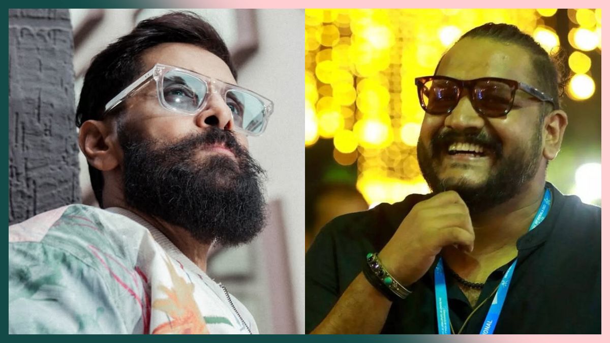 Portrait of actor Chiyaan Vikram and a promotional still representing director Jithin Laal's filmmaking style.