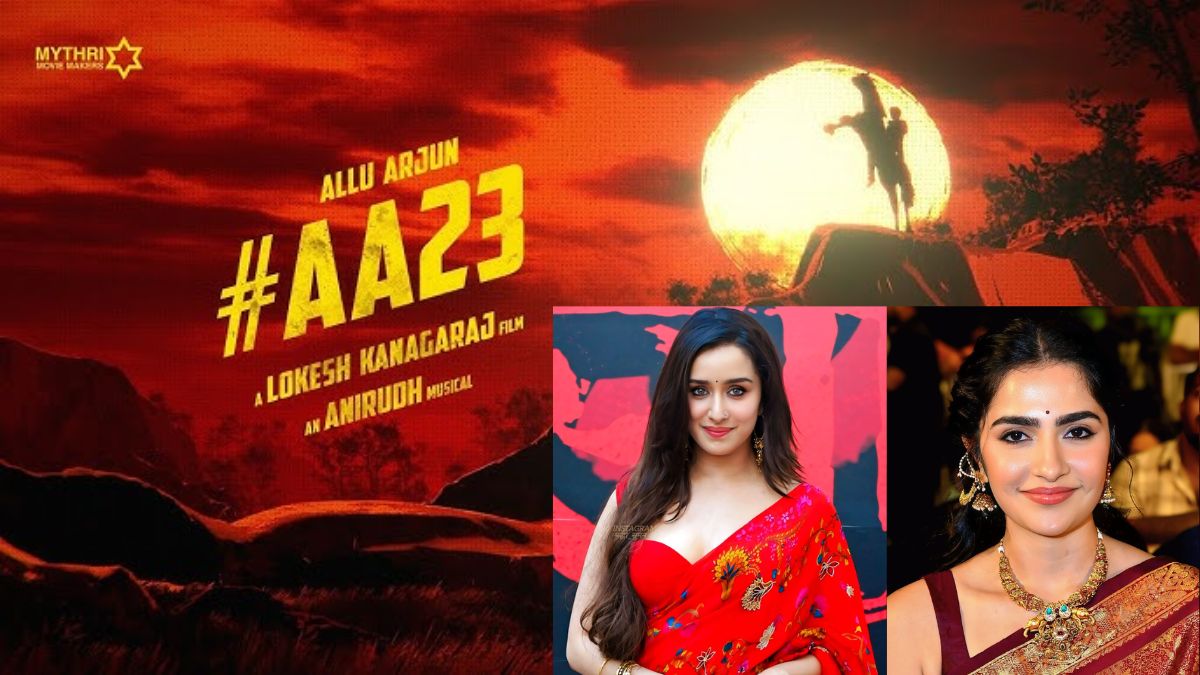 Collage of Icon Star Allu Arjun and Director Lokesh Kanagaraj with potential female leads.