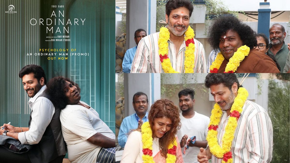 Ravi Mohan, Yogi Babu, and Kenishaa Francis at the pooja ceremony of the film An Ordinary Man.