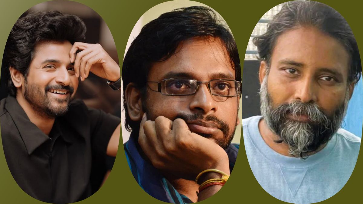 Director Raju Murugan, actor Sivakarthikeyan, and actor Dinesh in a professional newsroom composite.