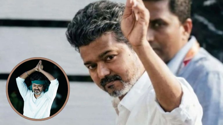 Actor and TVK leader Vijay interacting with farmers at a grand meeting in Thanjavur.