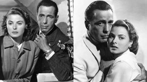 Iconic airport farewell scene of Rick and Ilsa in Casablanca 1942 movie.