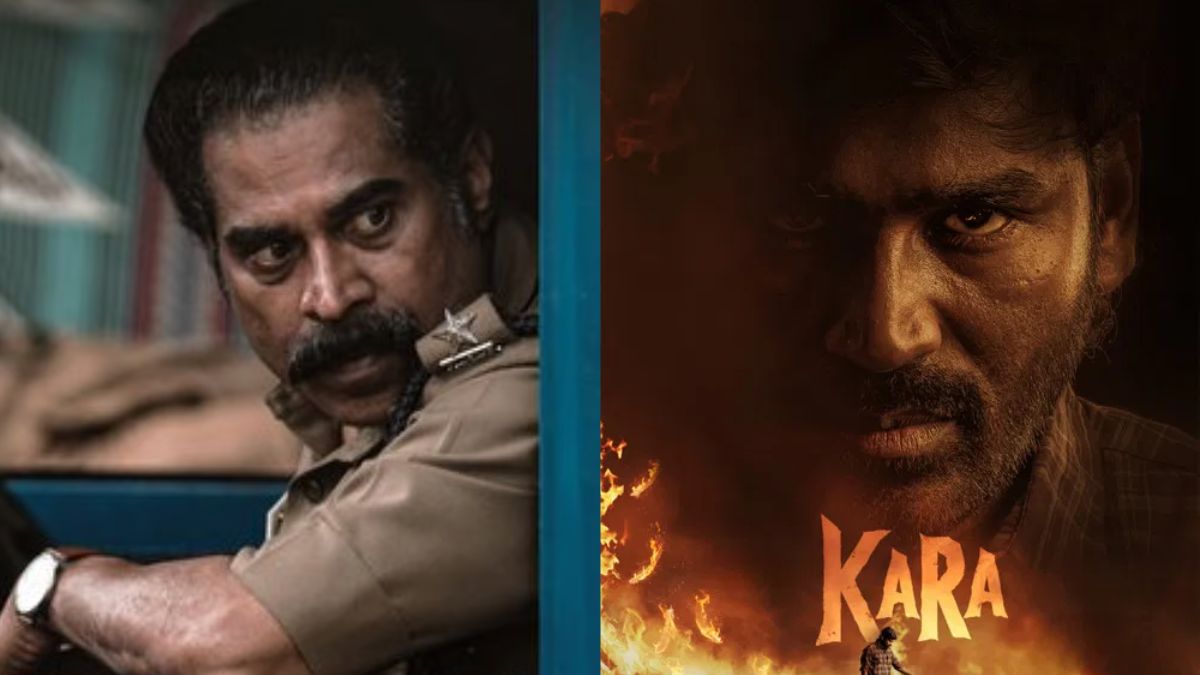 Prithvi Pandiarajan sitting in back seat and Karunas in the movie Kara character reveal video.