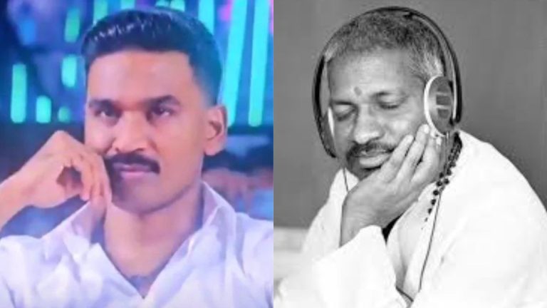 Actor Dhanush and Director Arun Matheswaran during the official launch event of Ilaiyaraaja Biopic in 2024.