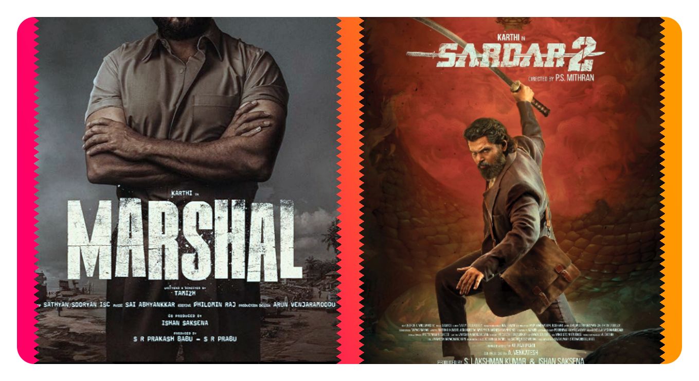 Actor Karthi standing in a dual pose representing his upcoming movies Sardar 2 and Marshal.