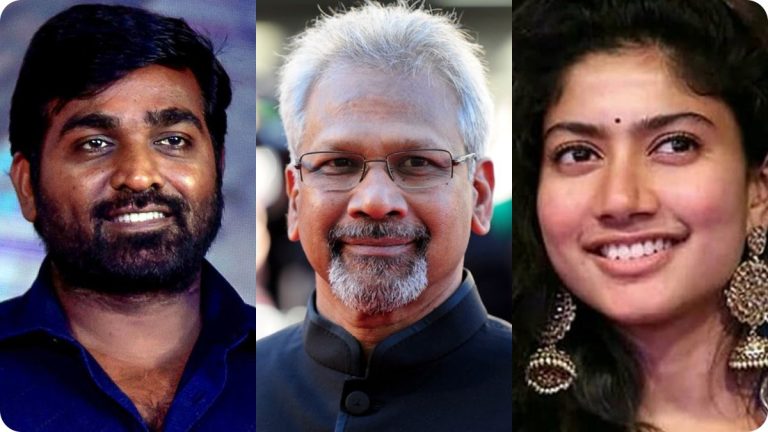 Director Mani Ratnam with actor Vijay Sethupathi and actress Sai Pallavi for their upcoming 2026 project.