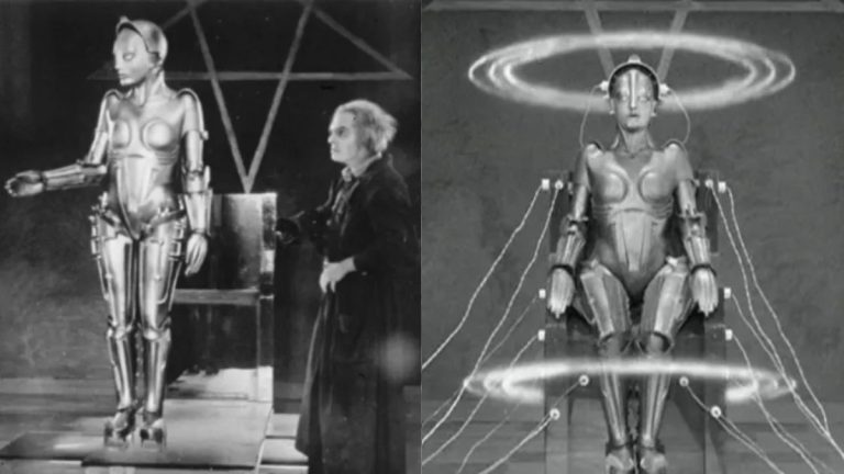 A high-resolution still from Fritz Lang's 1927 movie Metropolis showing the iconic robot and 2026 city skyline.