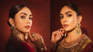 Actress Mrunal Thakur posing in a traditional ethnic outfit by Debyani & Co for an Instagram post.