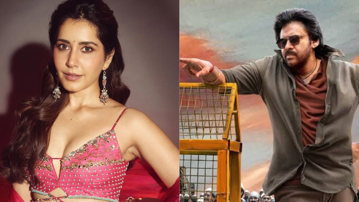 Actress Raashii Khanna and Pawan Kalyan at the grand pre-release event of Ustaad Bhagat Singh movie in Hyderabad.
