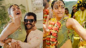 Actress Rashmika Mandanna and actor Vijay Deverakonda celebrating their colorful Haldi and Holi ceremony in Udaipur.