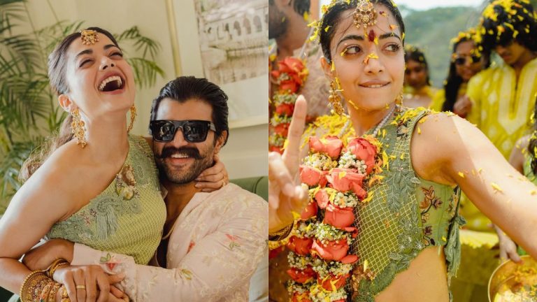 Actress Rashmika Mandanna and actor Vijay Deverakonda celebrating their colorful Haldi and Holi ceremony in Udaipur.