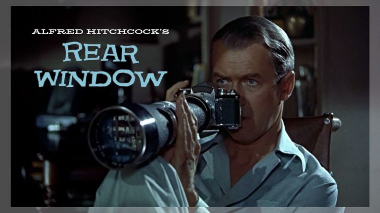Factual collage of James Stewart with a camera and the Courtyard set of Rear Window 1954 movie.