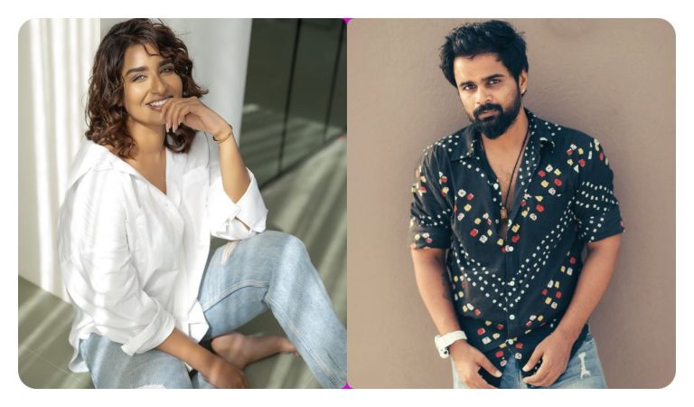 Tamil television actors Reshma Muralidharan and Madhan Pandian posing together for an official media event.