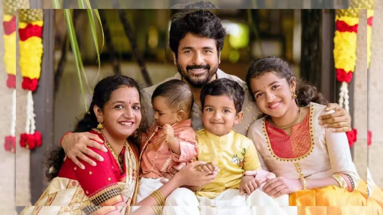 Actor Sivakarthikeyan praising his wife Aarthy during the Thaai Kizhavi success meet in March 2026.