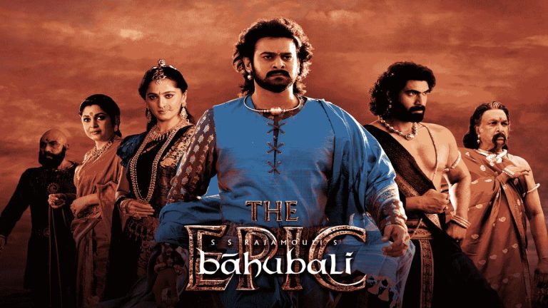 Iconic poster of Baahubali 2 featuring Prabhas and Anushka Shetty celebrating its 9th anniversary.