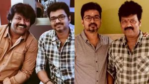 Actor Sriman and Actor Vijay together in a file photo from a movie set.