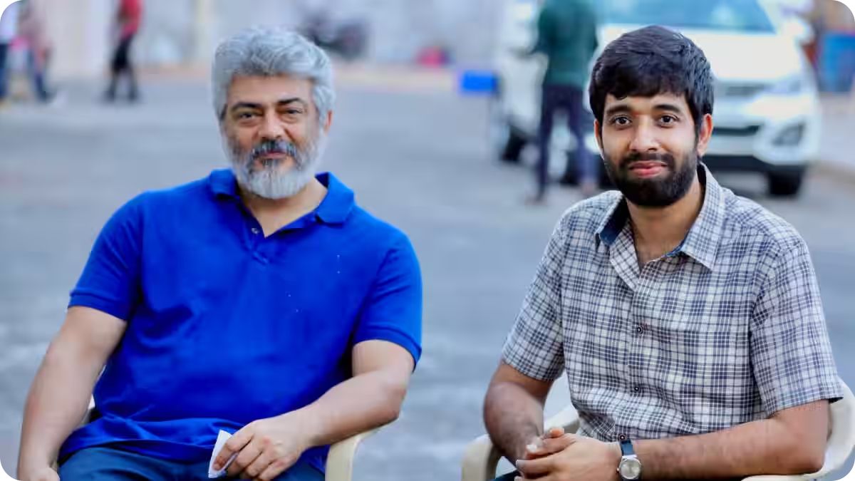 Actor Ajith Kumar with director Adhik Ravichandran discussing AK64 movie shooting schedule for May.