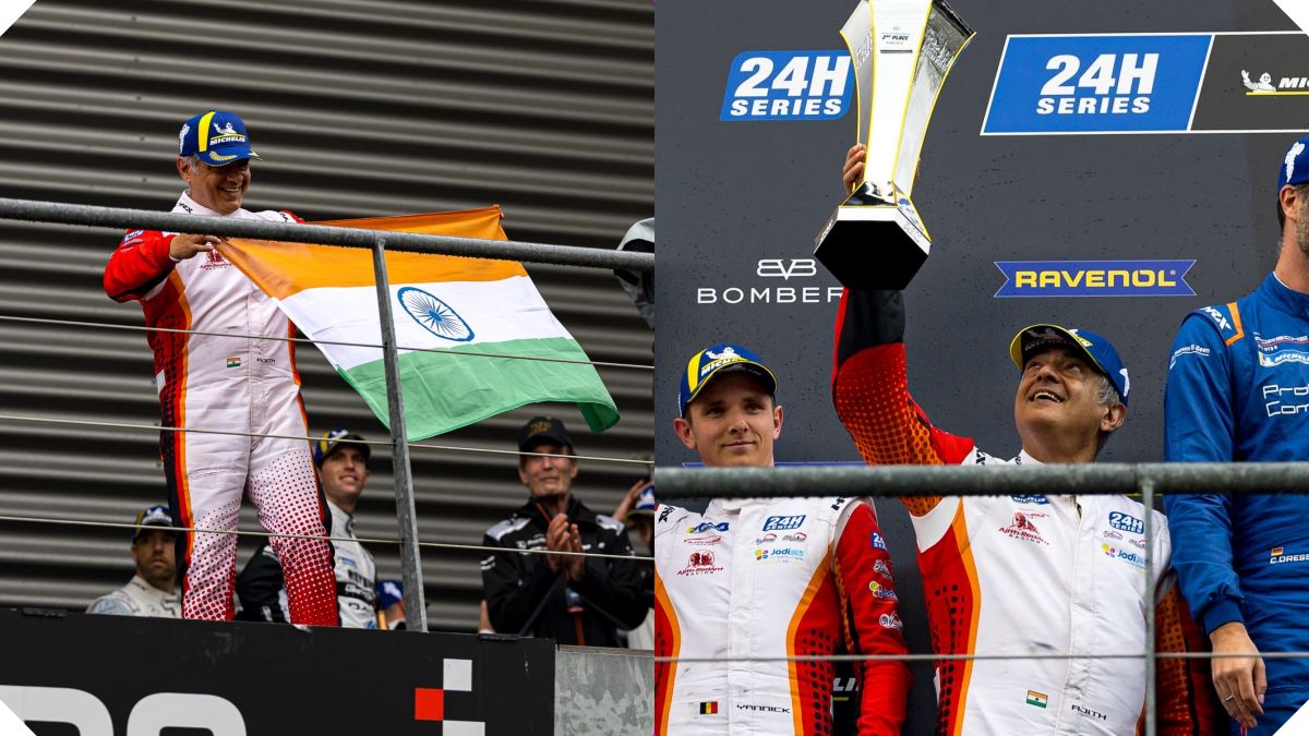 Ajith Kumar and his racing team members celebrating with the P2 trophy in Belgium.