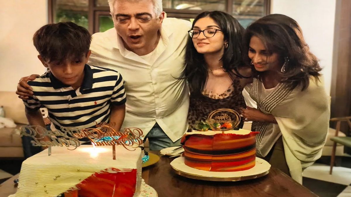 Actor Ajith Kumar and his wife Shalini posing together during their 26th wedding anniversary celebration in April 2026.