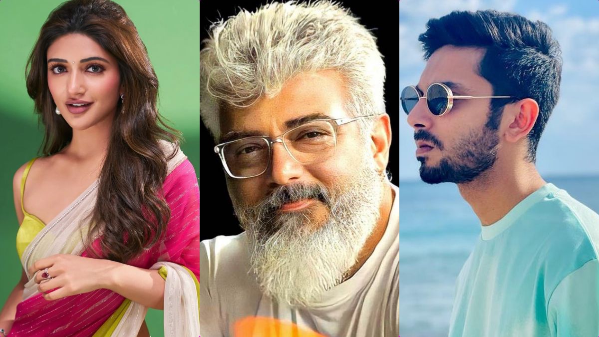 Official poster concept of AK64 featuring actor Ajith Kumar, actress Sree Leela, and music director Anirudh Ravichander.