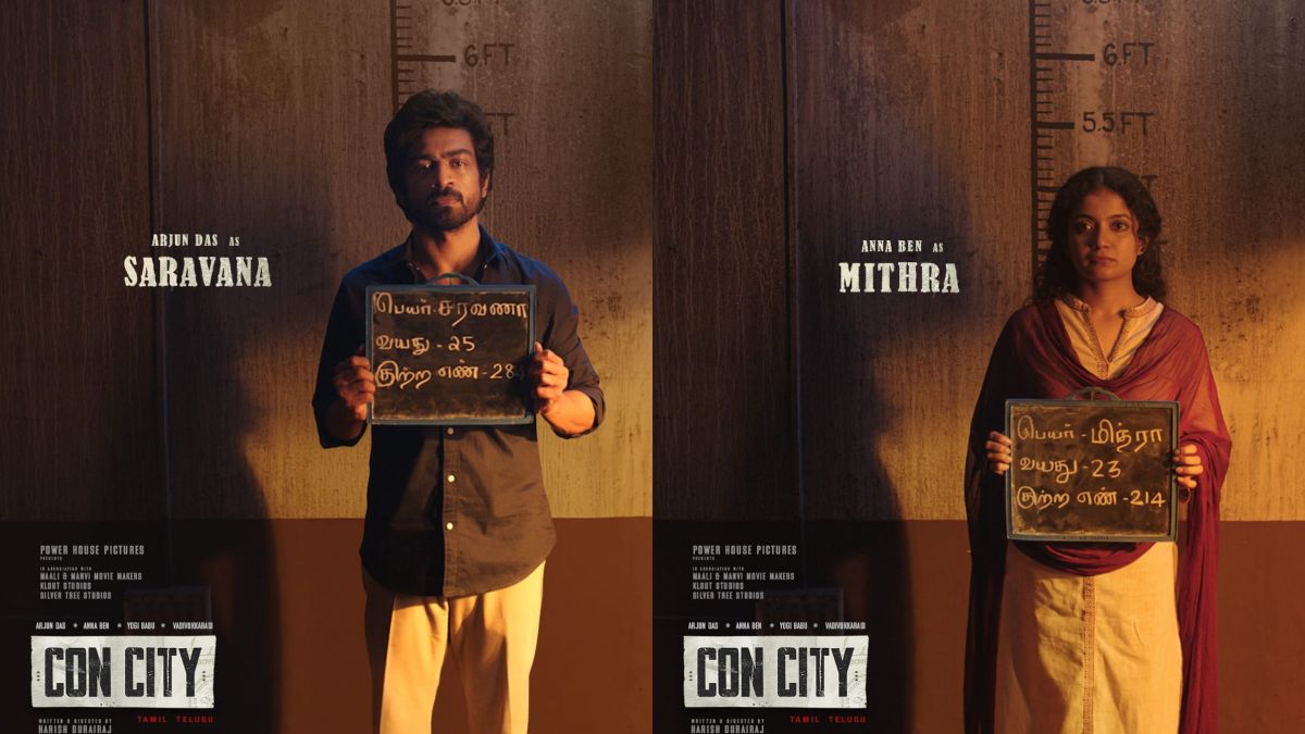 Lead actors Arjun Das and Anna Ben in their respective character looks for the film Con City.