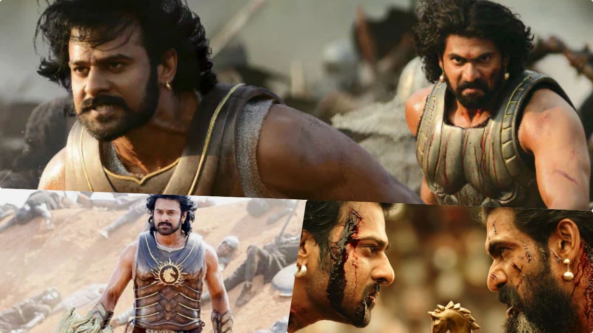 Actor Prabhas as Amarendra Baahubali in the iconic battlefield sequence from Baahubali 2.