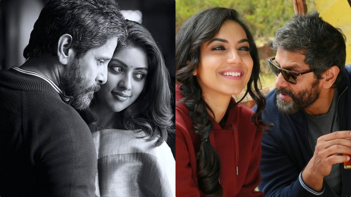 A collection of high-definition movie stills from Dhruva Natchathiram featuring a stylish Chiyaan Vikram in suit and tactical gear.