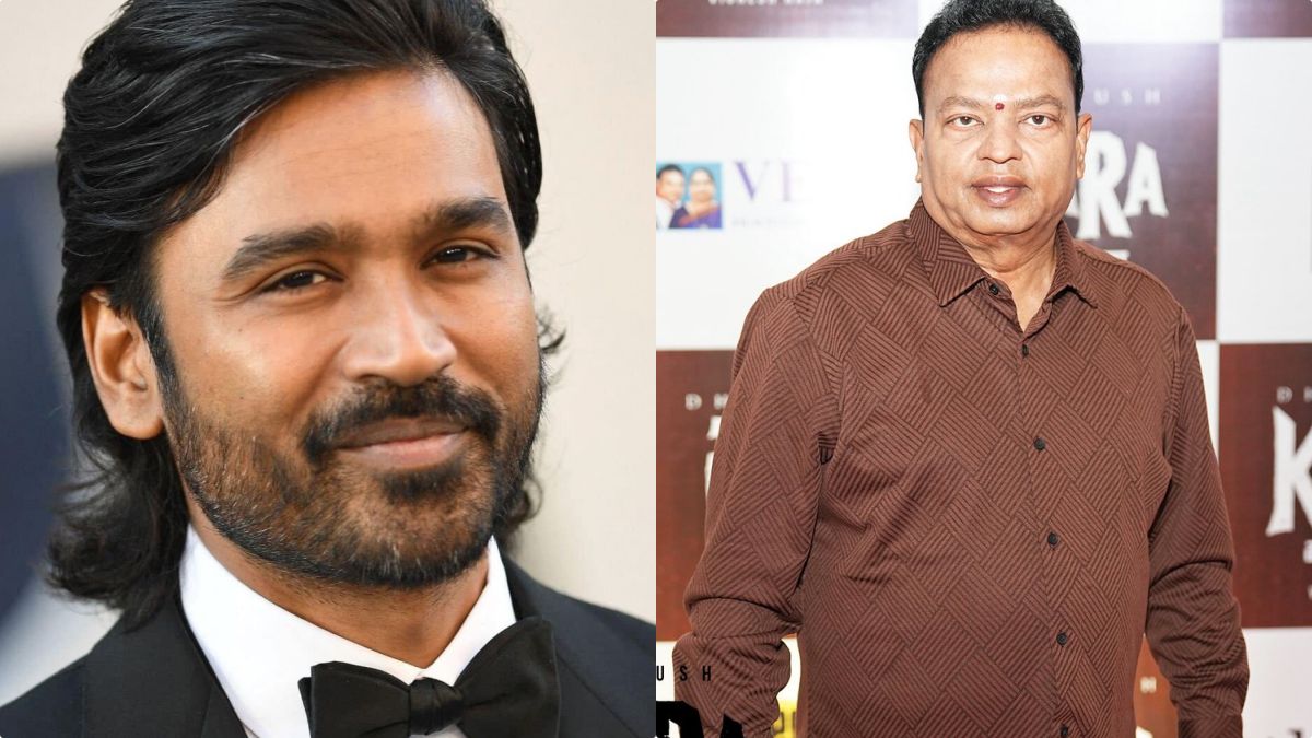 Actor Dhanush and producer Ishari K Ganesh of Vels Film International during their collaboration announcement for the movie Kara.