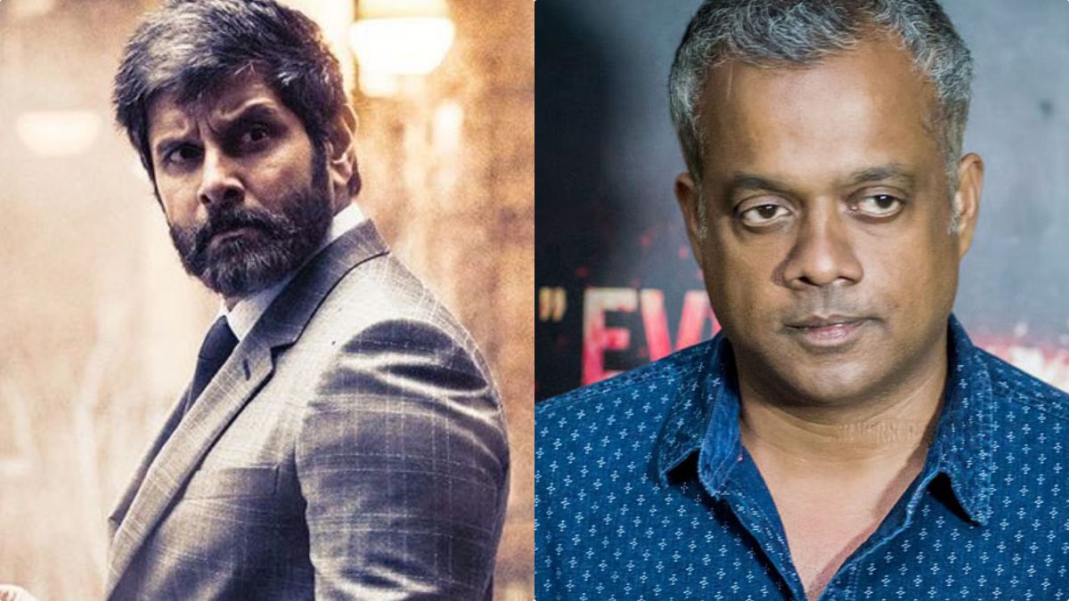 A stylish poster of Chiyaan Vikram from the movie Dhruva Natchathiram with the text indicating a release on or before June 15.