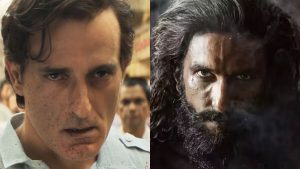 Actor Ranveer Singh from the movie Dhurandhar in a high-octane action sequence pose.