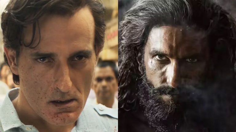 Actor Ranveer Singh from the movie Dhurandhar in a high-octane action sequence pose.