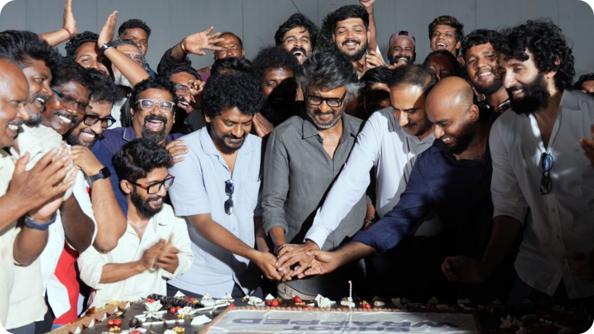 Superstar Rajinikanth and Director Nelson Dilipkumar at the Jailer 2 wrap-up party with actor Vasanth Ravi.