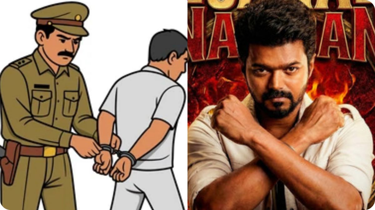 Police arresting a cable TV operator in Coimbatore for telecasting leaked scenes of Vijay's Jananayagan movie.