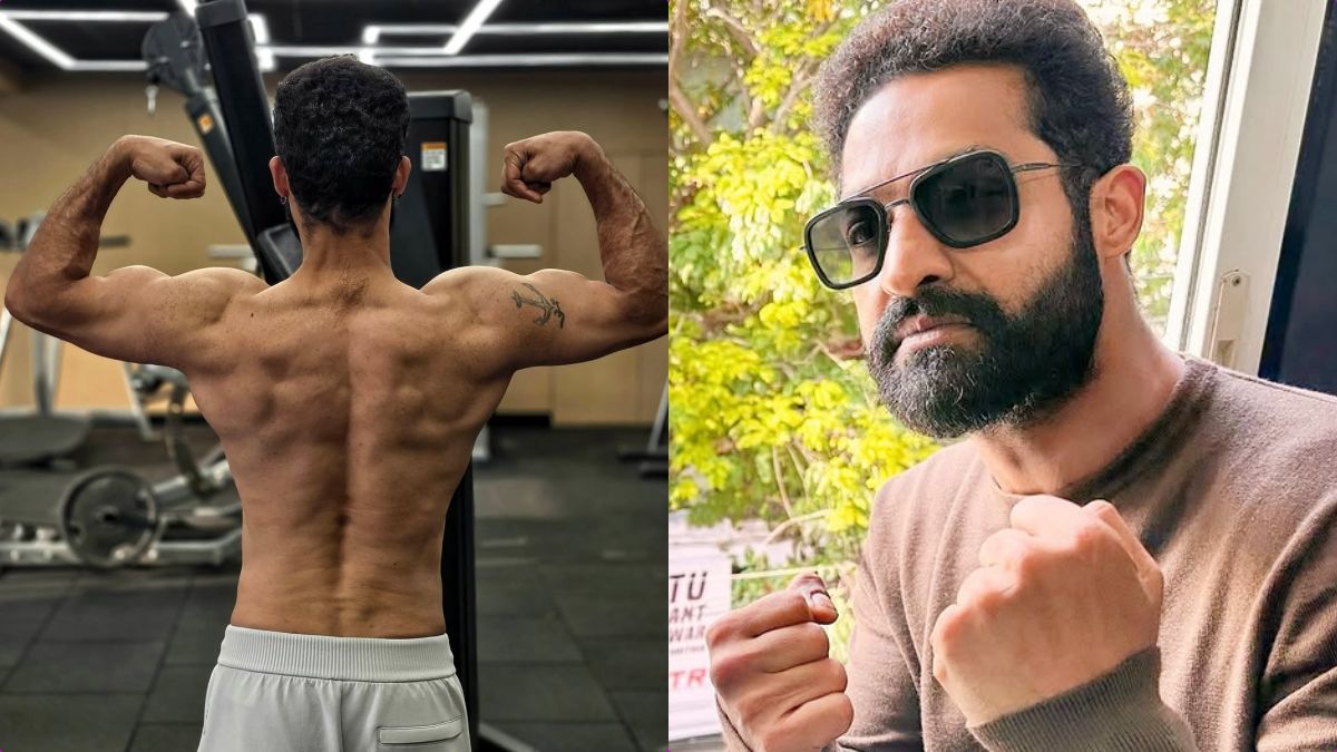 Actor Jr NTR showcasing his muscular back and biceps in a gym photo for his upcoming film Dragon.